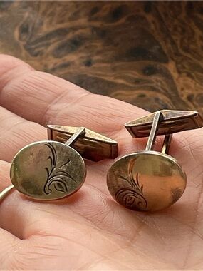 Vintage  Smibo Gold-Tone Sterling Silver Engraved Oval Cuff Links